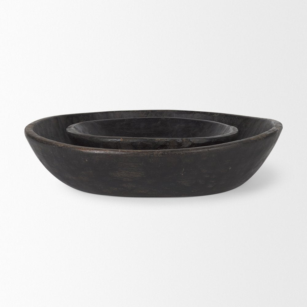 Set of Two Black Solid Wood Round Centerpiece Bowl on a white background