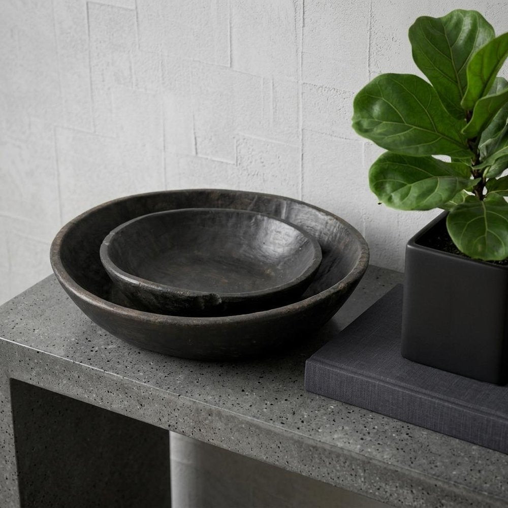 Set of Two Black Solid Wood Round Centerpiece Bowl in a home interior