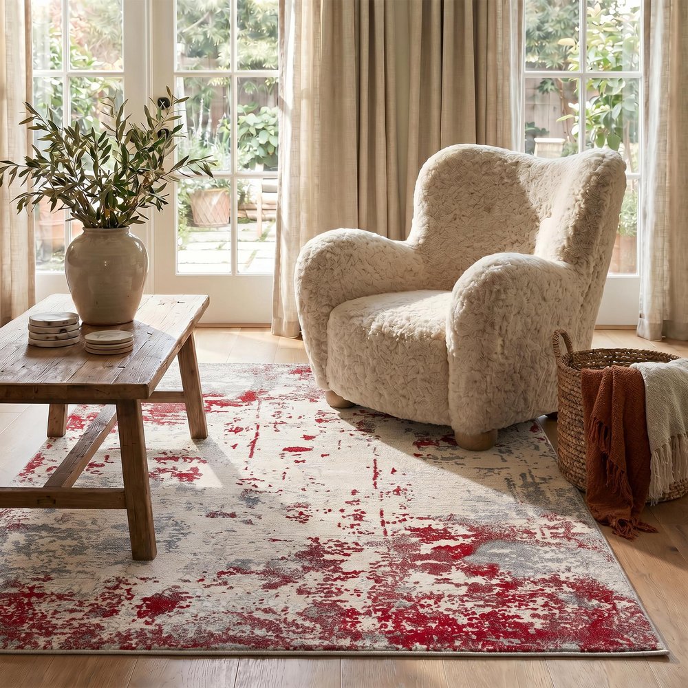 9' X 13' Red And Gray Abstract Area Rug in a home interior