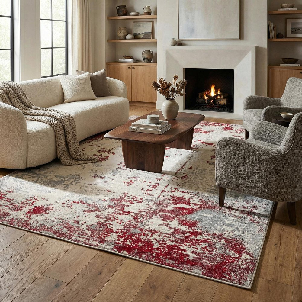 9' X 13' Red And Gray Abstract Area Rug in a home interior