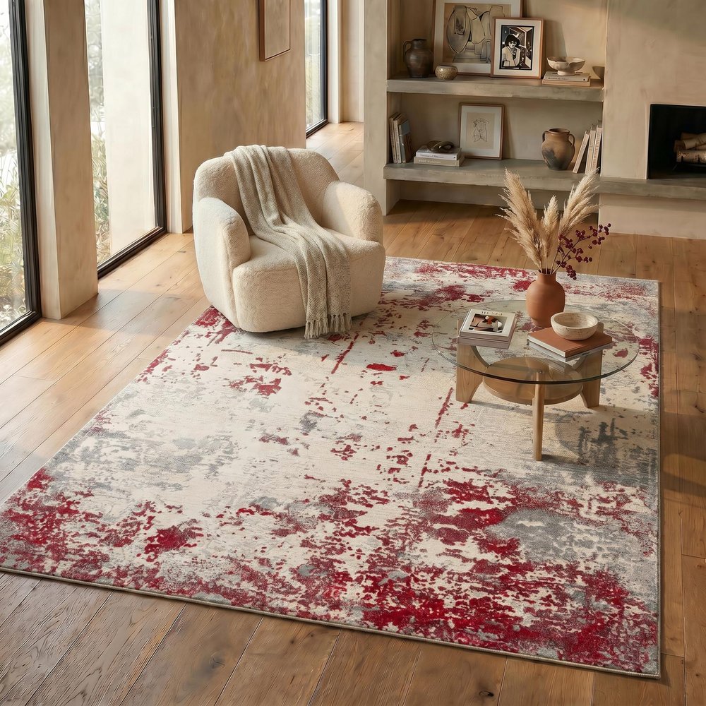 9' X 13' Red And Gray Abstract Area Rug