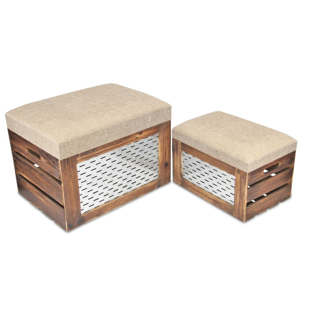 Set of Two 21" Beige and Brown Linen and Solid Wood Upholstered Distressed Storage Bench With Flip Top on a white background
