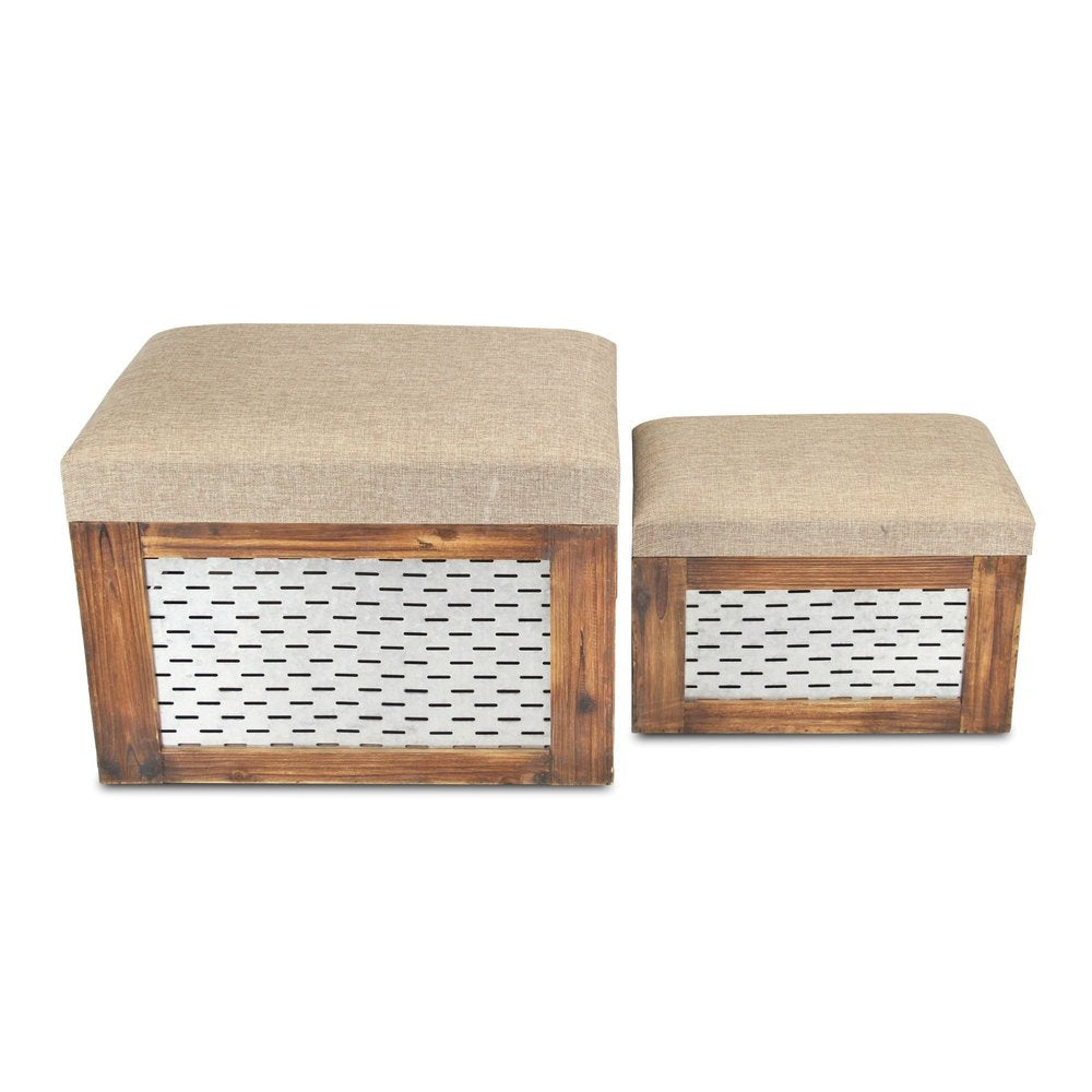 Set of Two 21" Beige and Brown Linen and Solid Wood Upholstered Distressed Storage Bench With Flip Top on a white background