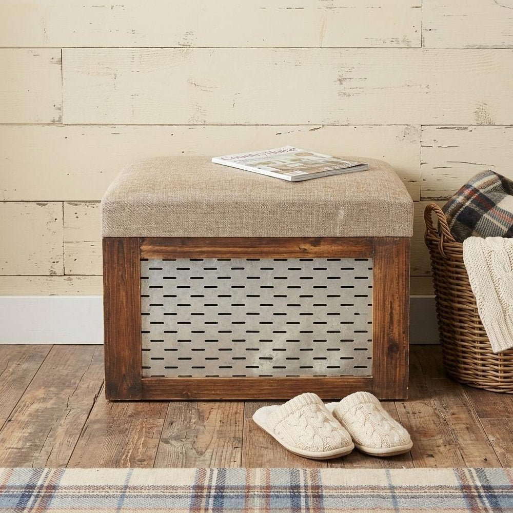 Set of Two 21" Beige and Brown Linen and Solid Wood Upholstered Distressed Storage Bench With Flip Top in a home interior