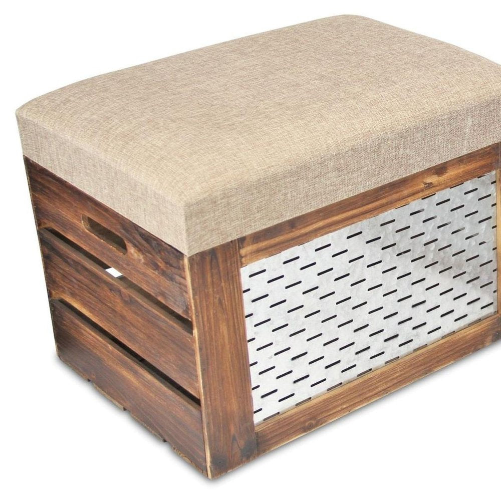 Set of Two 21" Beige and Brown Linen and Solid Wood Upholstered Distressed Storage Bench With Flip Top on a white background