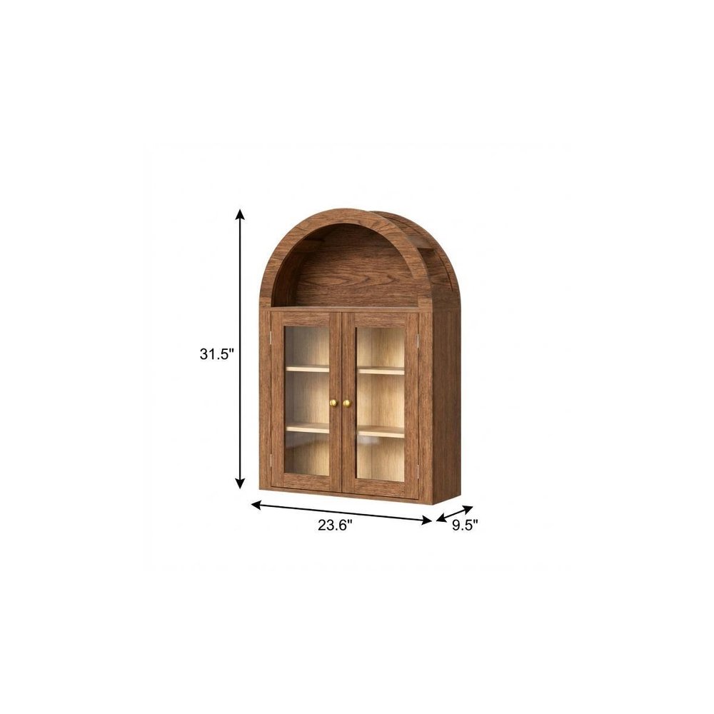32" Brown Wood Wall Mounted Glass Panel Inlay Four Door Bathroom Cabinet