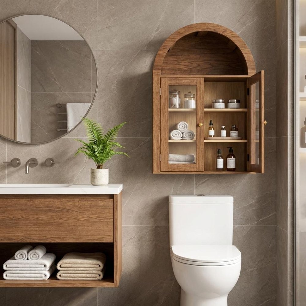32" Brown Wood Wall Mounted Glass Panel Inlay Four Door Bathroom Cabinet