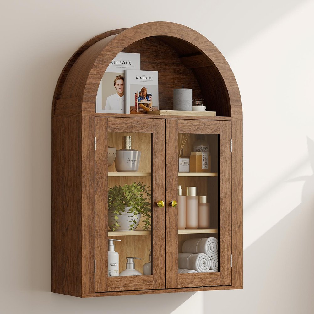 32" Brown Wood Wall Mounted Glass Panel Inlay Four Door Bathroom Cabinet