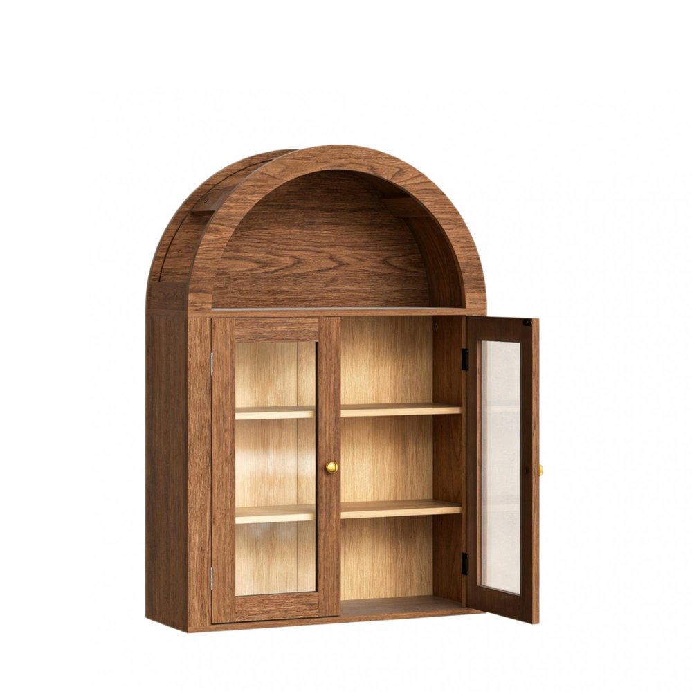 32" Brown Wood Wall Mounted Glass Panel Inlay Four Door Bathroom Cabinet
