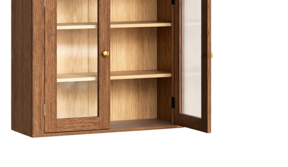 32" Brown Wood Wall Mounted Glass Panel Inlay Four Door Bathroom Cabinet