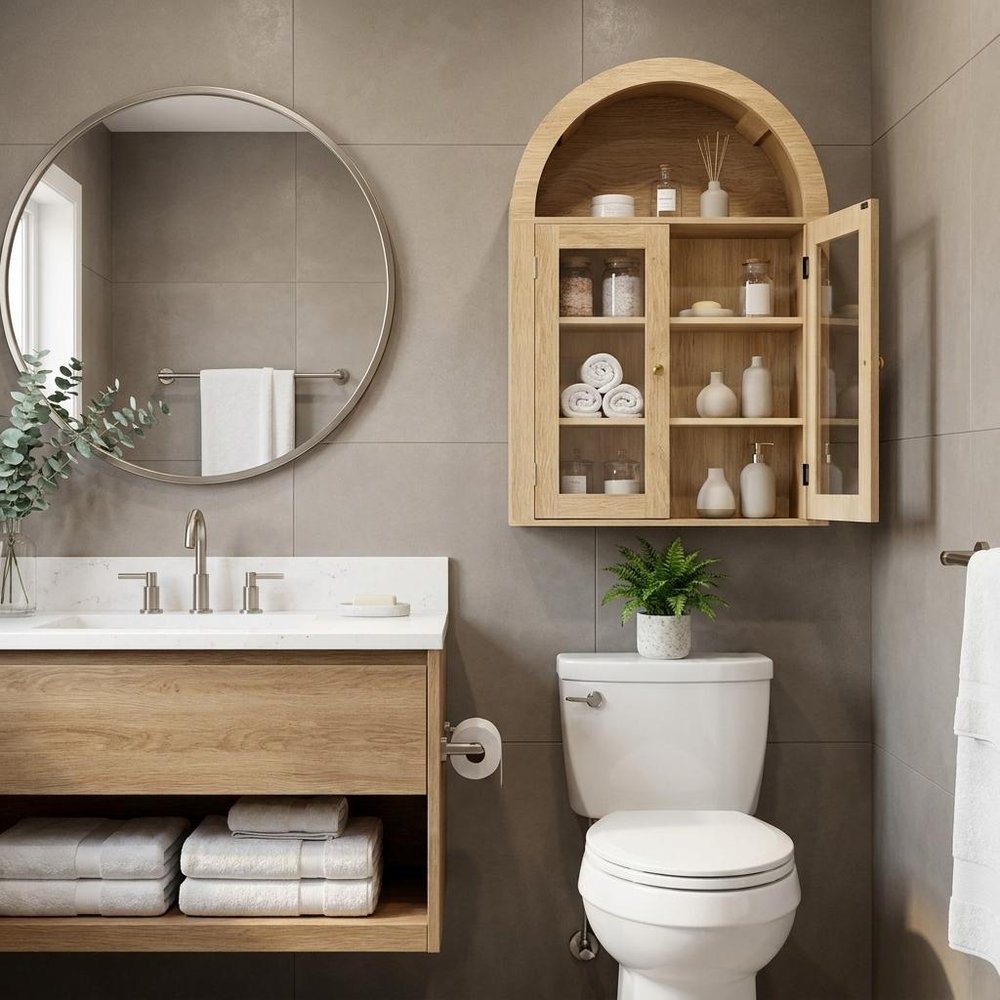 32" White Wood Wall Mounted Glass Panel Inlay Four Door Bathroom Cabinet styled in a furnished interior with a tan wall on a dark wood floor.