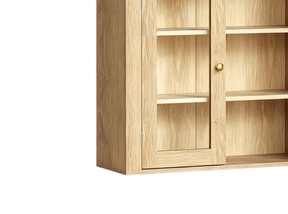 32" White Wood Wall Mounted Glass Panel Inlay Four Door Bathroom Cabinet. Bathroom storage isolated on a plain white background, showing a white glass surface.