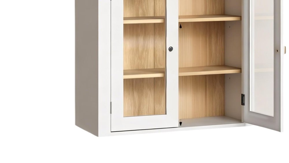 32" White Wood Wall Mounted Glass Panel Inlay Four Door Bathroom Cabinet. Bathroom storage isolated on a plain white background, in a white glass finish.