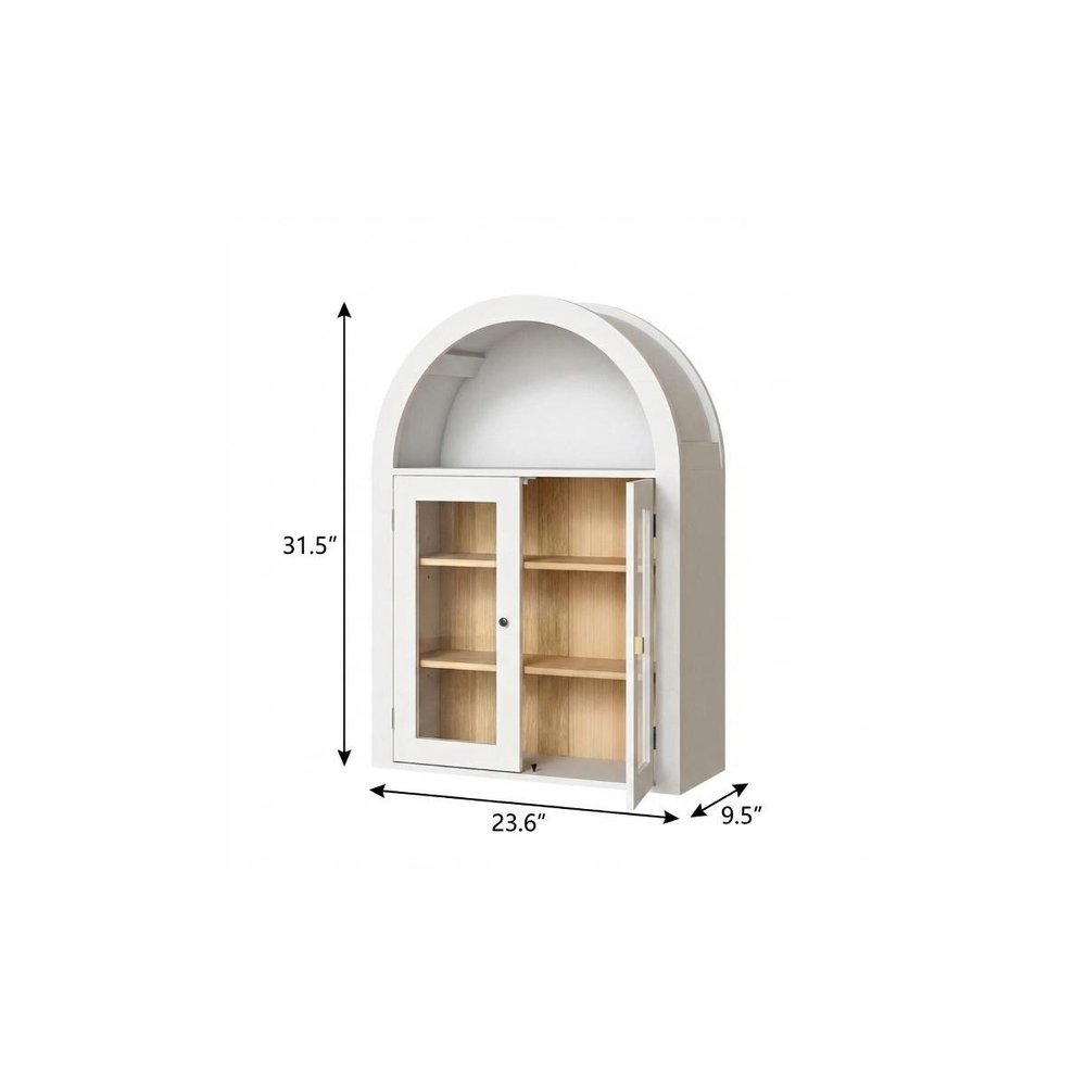 32" Brown Wood Wall Mounted Glass Panel Inlay Four Door Bathroom Cabinet