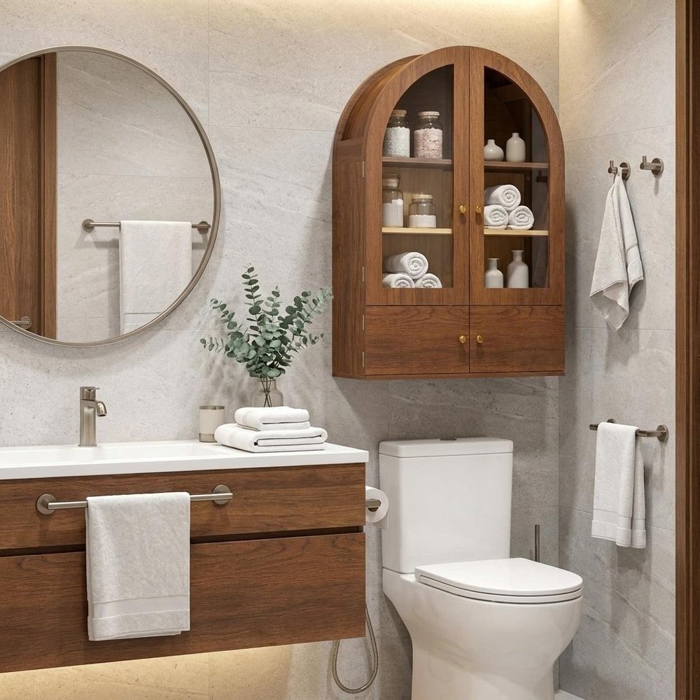 34" Brown Wood Wall Mounted Glass Panel Inlay Four Door Bathroom Cabinet. Bathroom storage in brown glass.
