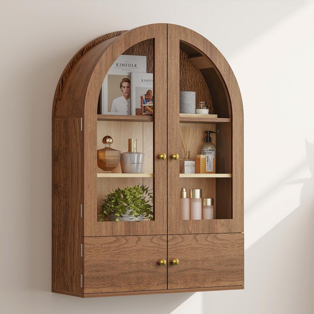 34" Natural Wood Wall Mount Arched Glass Panel Inlay Four Door Bathroom Cabinet