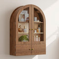 34" Brown Wood Wall Mounted Glass Panel Inlay Four Door Bathroom Cabinet. Bathroom storage in brown glass.