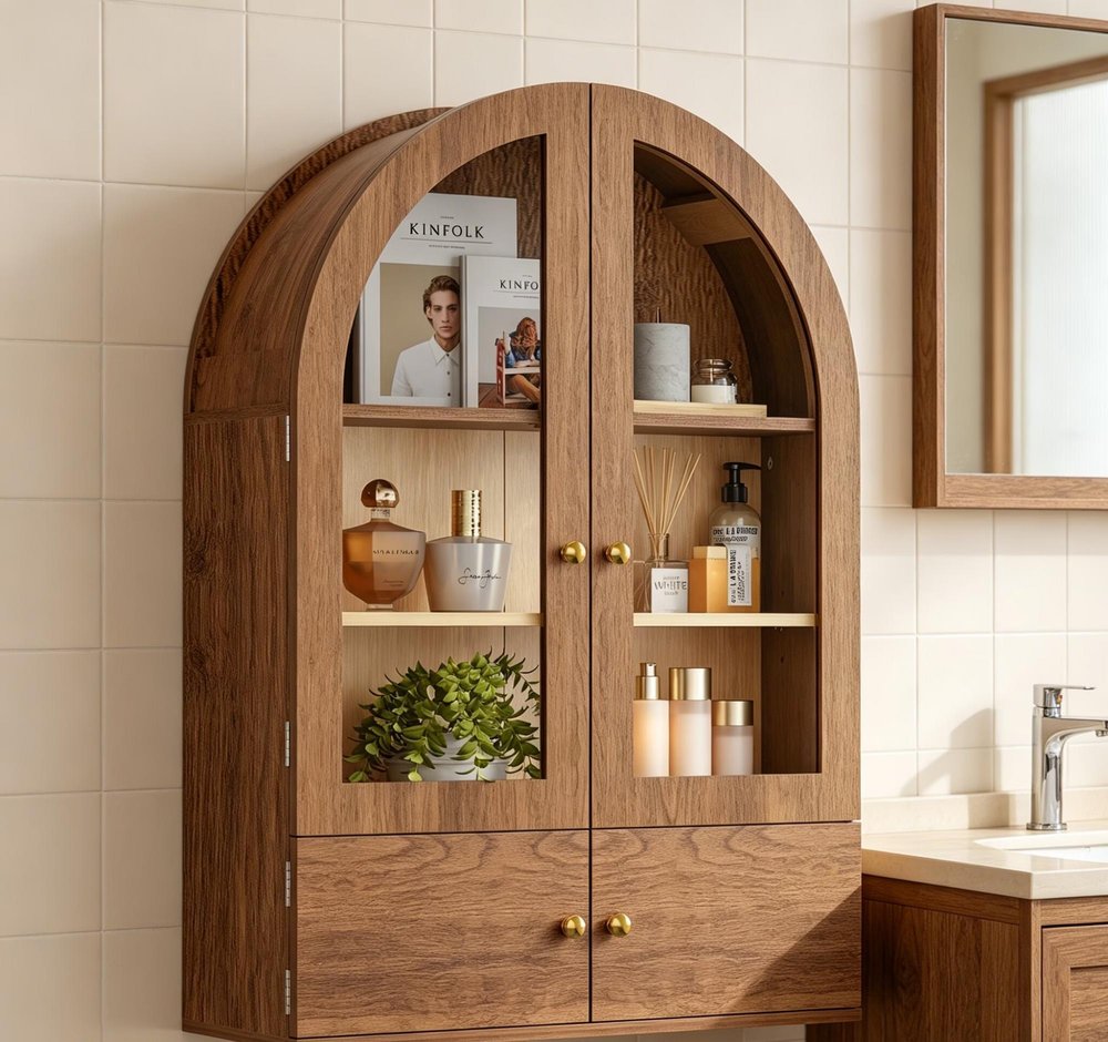 34" Natural Wood Wall Mount Arched Glass Panel Inlay Four Door Bathroom Cabinet