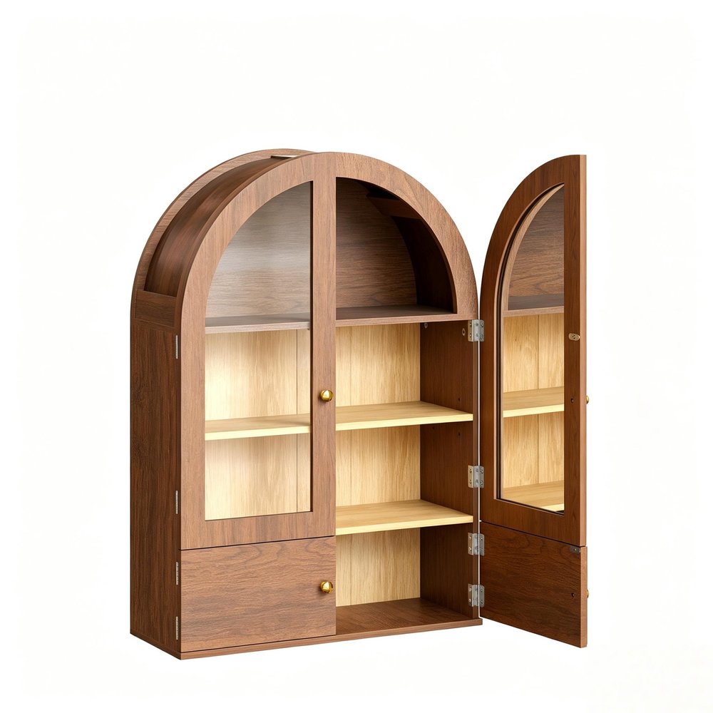 34" Natural Wood Wall Mount Arched Glass Panel Inlay Four Door Bathroom Cabinet