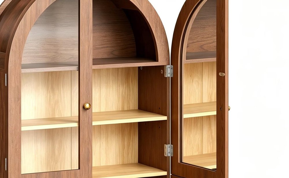 34" Natural Wood Wall Mount Arched Glass Panel Inlay Four Door Bathroom Cabinet