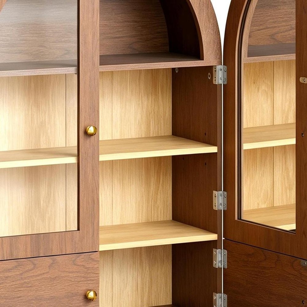 34" Natural Wood Wall Mount Arched Glass Panel Inlay Four Door Bathroom Cabinet