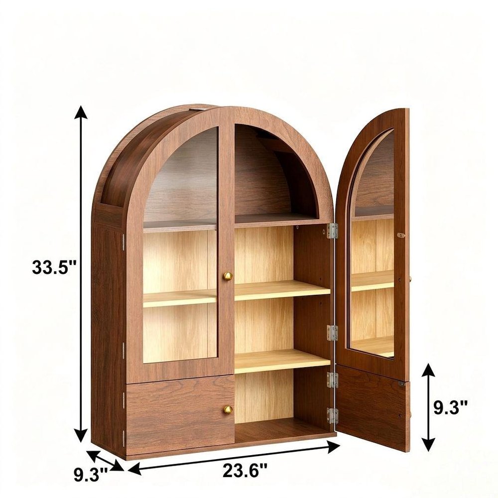 34" Brown Wood Wall Mounted Glass Panel Inlay Four Door Bathroom Cabinet. Bathroom storage isolated on a plain white background, finished in brown glass.