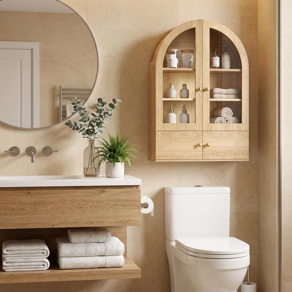 34" Brown Wood Wall Mounted Glass Panel Inlay Four Door Bathroom Cabinet. Bathroom storage in brown glass.