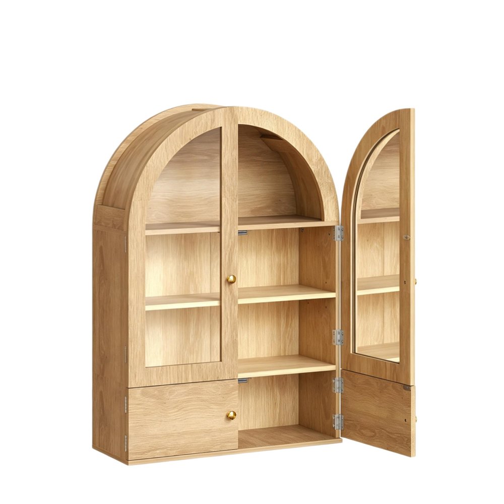 34" Natural Wood Wall Mount Arched Glass Panel Inlay Four Door Bathroom Cabinet