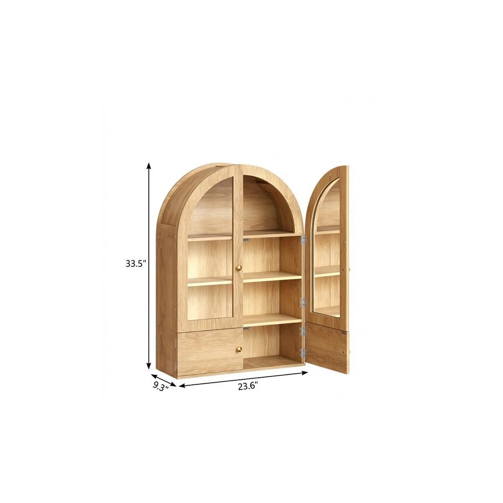 34" Brown Wood Wall Mounted Glass Panel Inlay Four Door Bathroom Cabinet. Bathroom storage isolated on a plain white background, showing a brown glass surface.