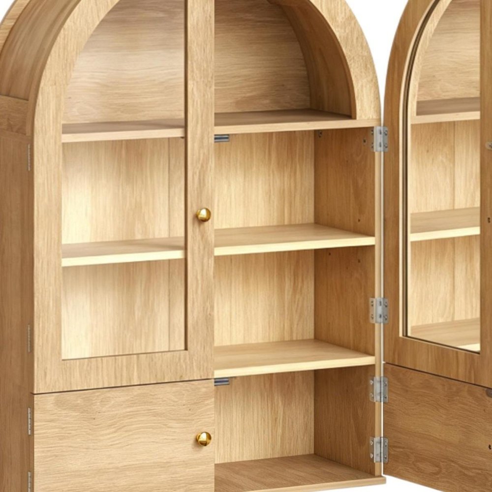 34" Brown Wood Wall Mounted Glass Panel Inlay Four Door Bathroom Cabinet. Bathroom storage in brown glass.