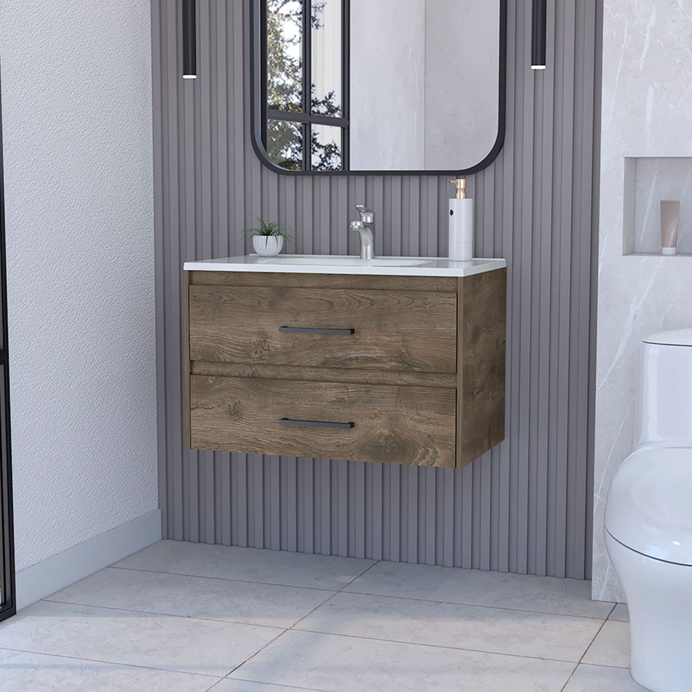 32" dark brown wood floating bathroom vanity with white sink and two drawers against a grey ribbed wall.