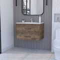 32" Dark Brown Wood Floating Bathroom Vanity With White Sink And Two Drawers. Bathroom vanity isolated on a plain white background, showing a wood surface.