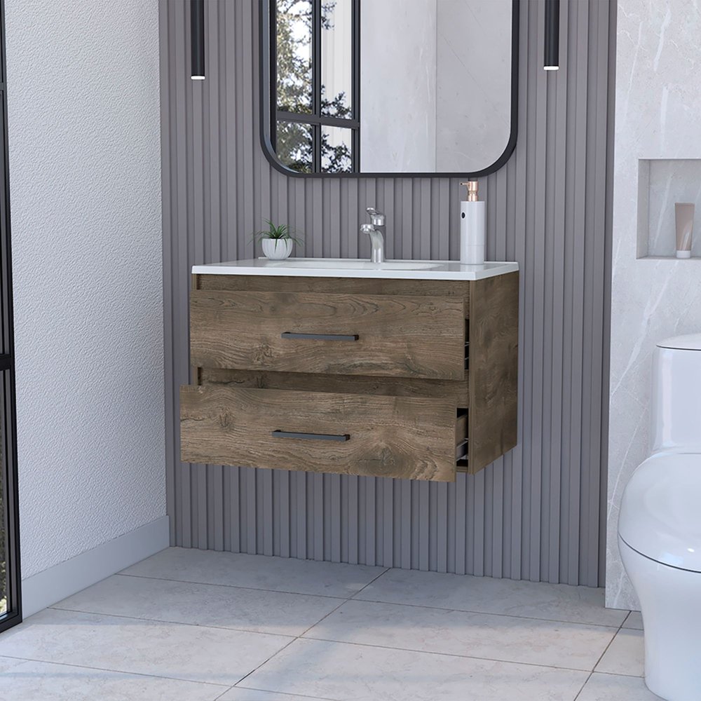 32" Dark Brown Wood Floating Bathroom Vanity With White Sink And Two Drawers. Bathroom vanity isolated on a plain white background, showing a wood surface.