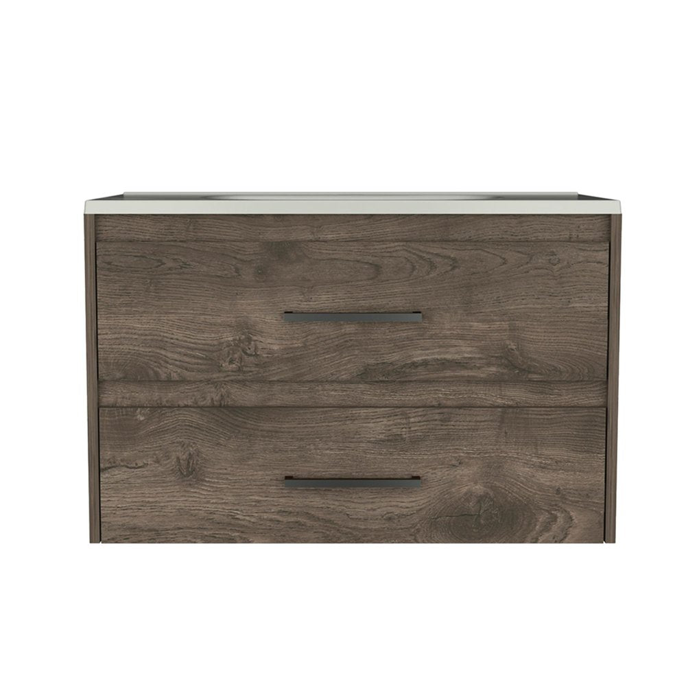 32" Dark Brown Wood Floating Bathroom Vanity With White Sink And Two Drawers. Bathroom vanity isolated on a plain white background, finished in dark brown wood.