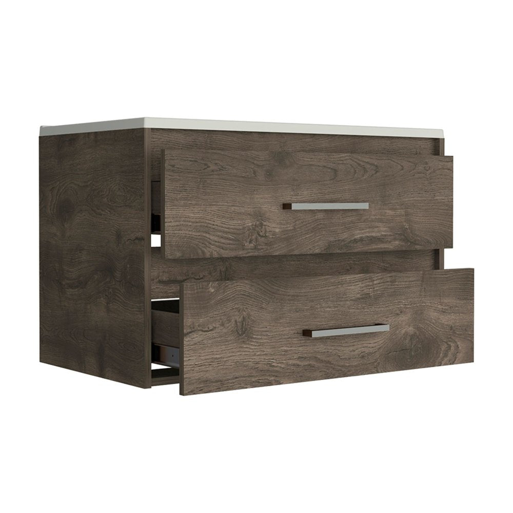 32" Dark Brown Wood Floating Bathroom Vanity With White Sink And Two Drawers