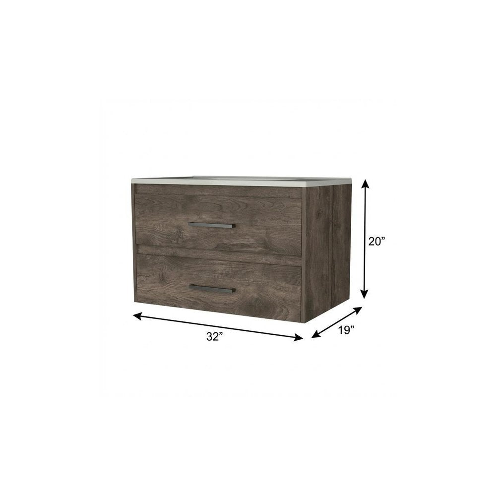 32" Dark Brown Wood Floating Bathroom Vanity With White Sink And Two Drawers. Bathroom vanity isolated on a plain white background, finished in dark brown wood.