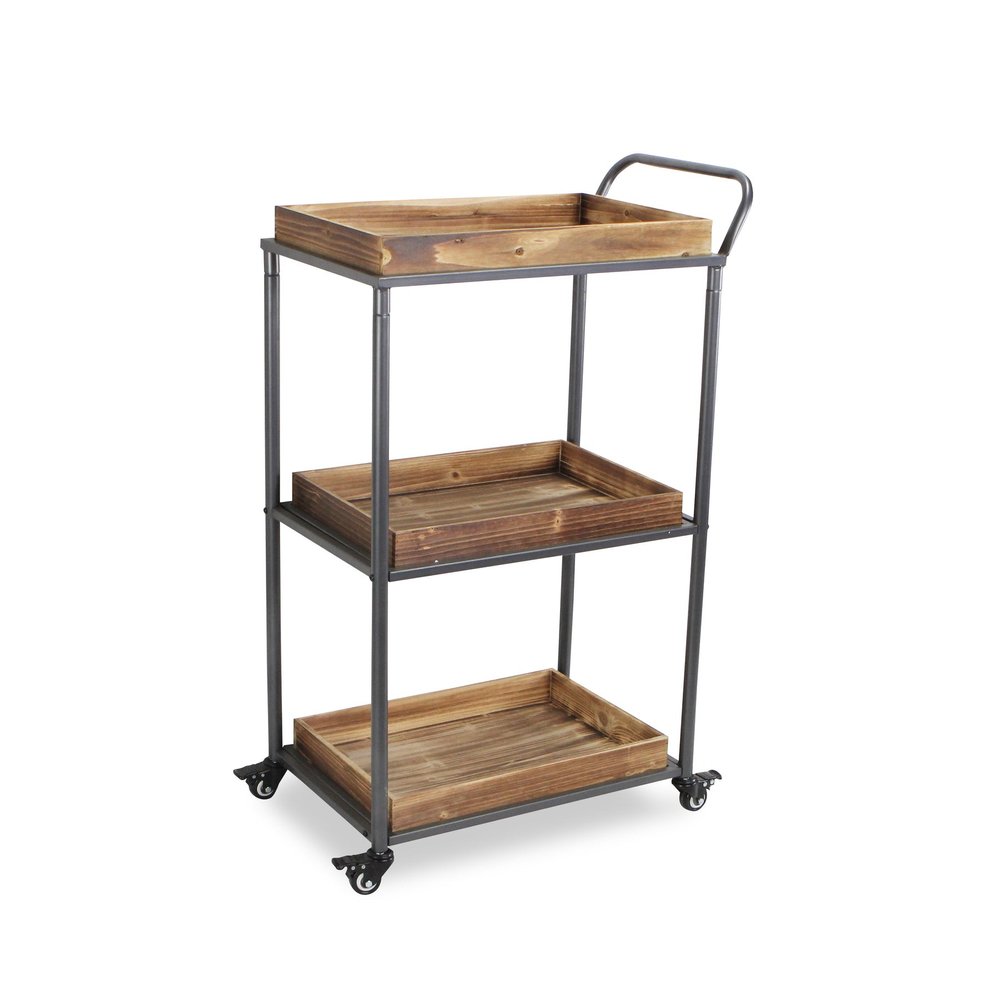 28" Silver Metal and Solid Wood Distressed Rolling Bar Cart. Bar cart isolated on a plain white background, in a silver wood finish.