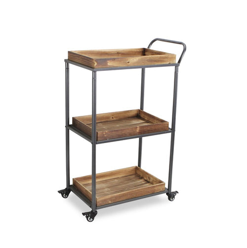 28" Silver Metal and Solid Wood Distressed Rolling Bar Cart
