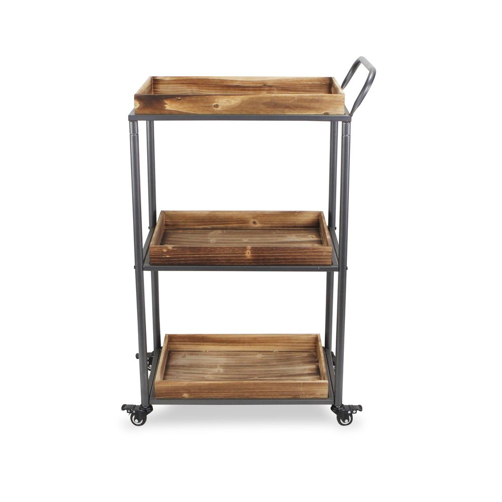 28" Silver Metal and Solid Wood Distressed Rolling Bar Cart. Bar cart isolated on a plain white background, showing a wood surface.