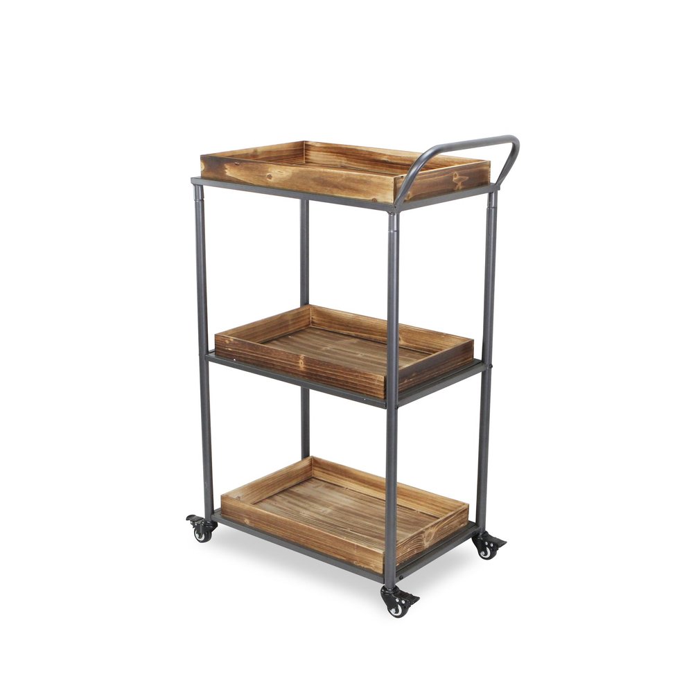 28" Silver Metal and Solid Wood Distressed Rolling Bar Cart. Bar cart isolated on a plain white background, in a silver wood finish.