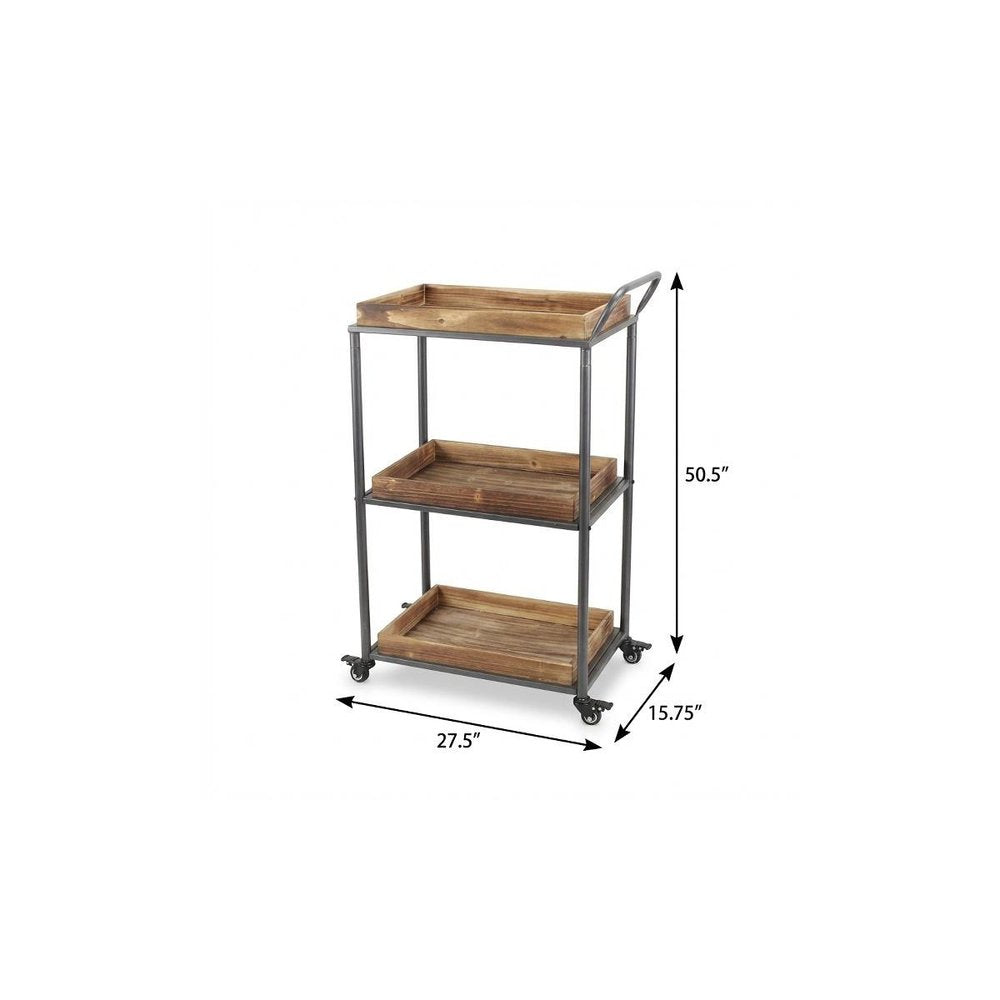 28" Silver Metal and Solid Wood Distressed Rolling Bar Cart. Bar cart isolated on a plain white background, finished in silver wood.