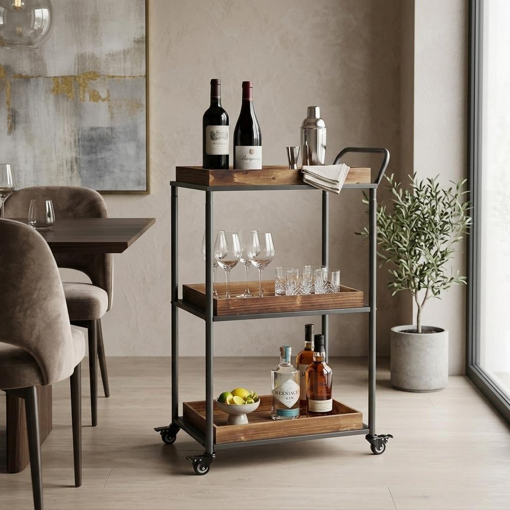 28" Silver Metal and Solid Wood Distressed Rolling Bar Cart.