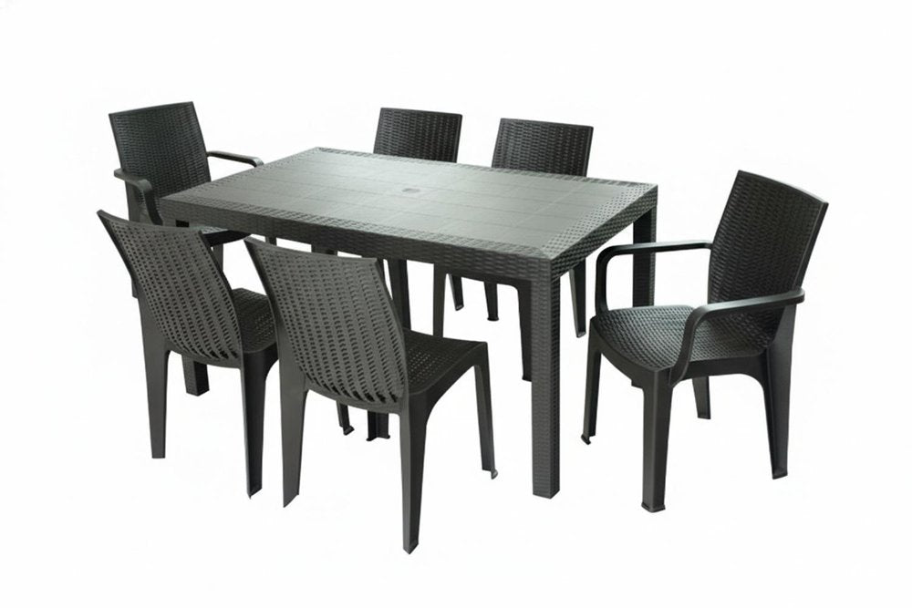 Brown plastic seven-piece outdoor patio set with a rectangular table and six chairs on a white background.