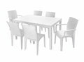 Seven Piece White Plastic Outdoor Patio Set With Table on a white background
