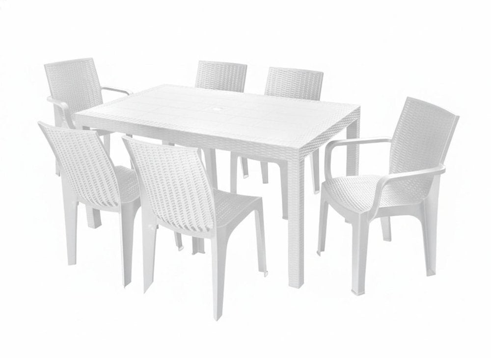 White plastic outdoor patio set with a rectangular table and six chairs on a white background.