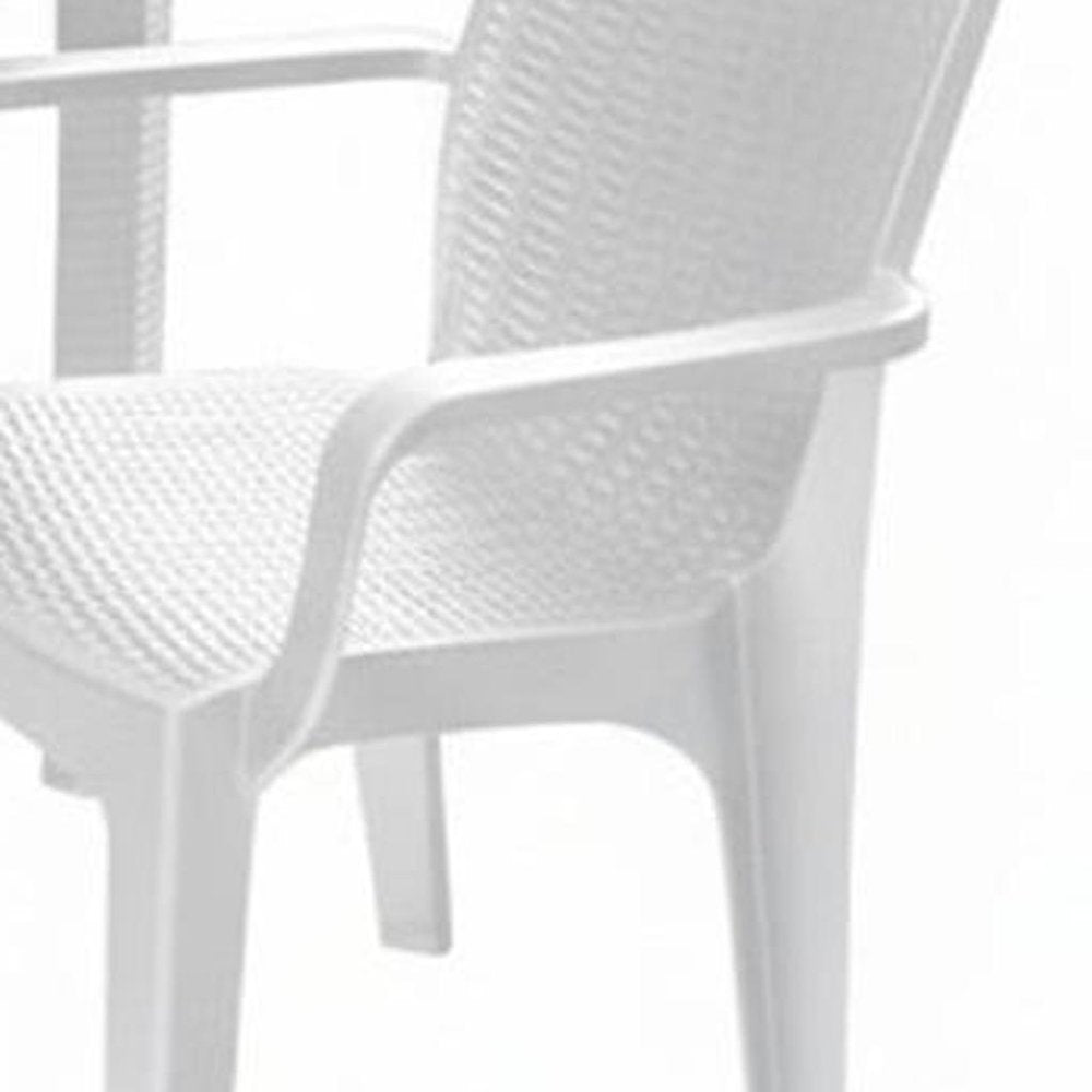 Seven Piece White Plastic Outdoor Patio Set With Table on a white background