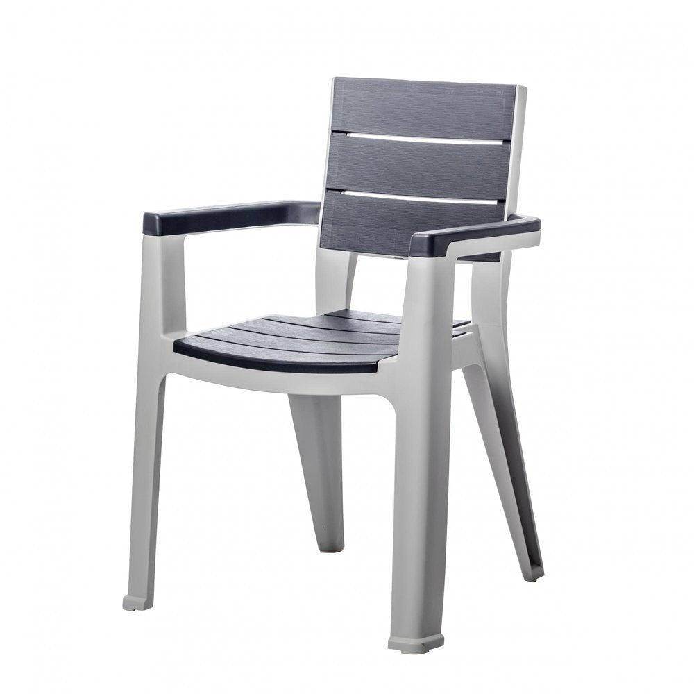 Gray plastic outdoor chair with dark gray slats and armrests on a white background.