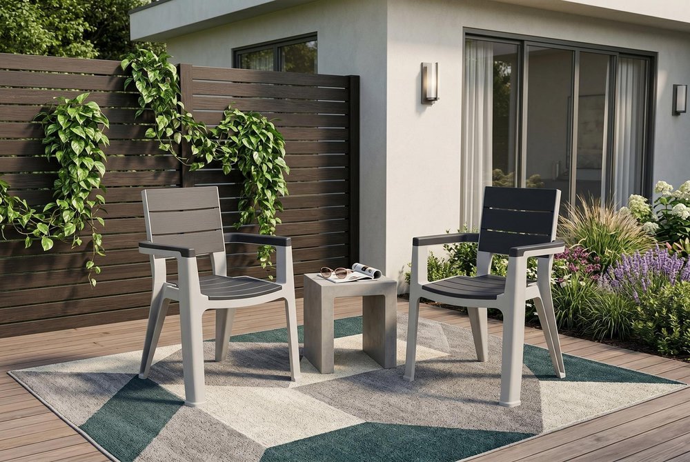 Nine Piece Gray Plastic Outdoor Patio Set With Table in a home interior