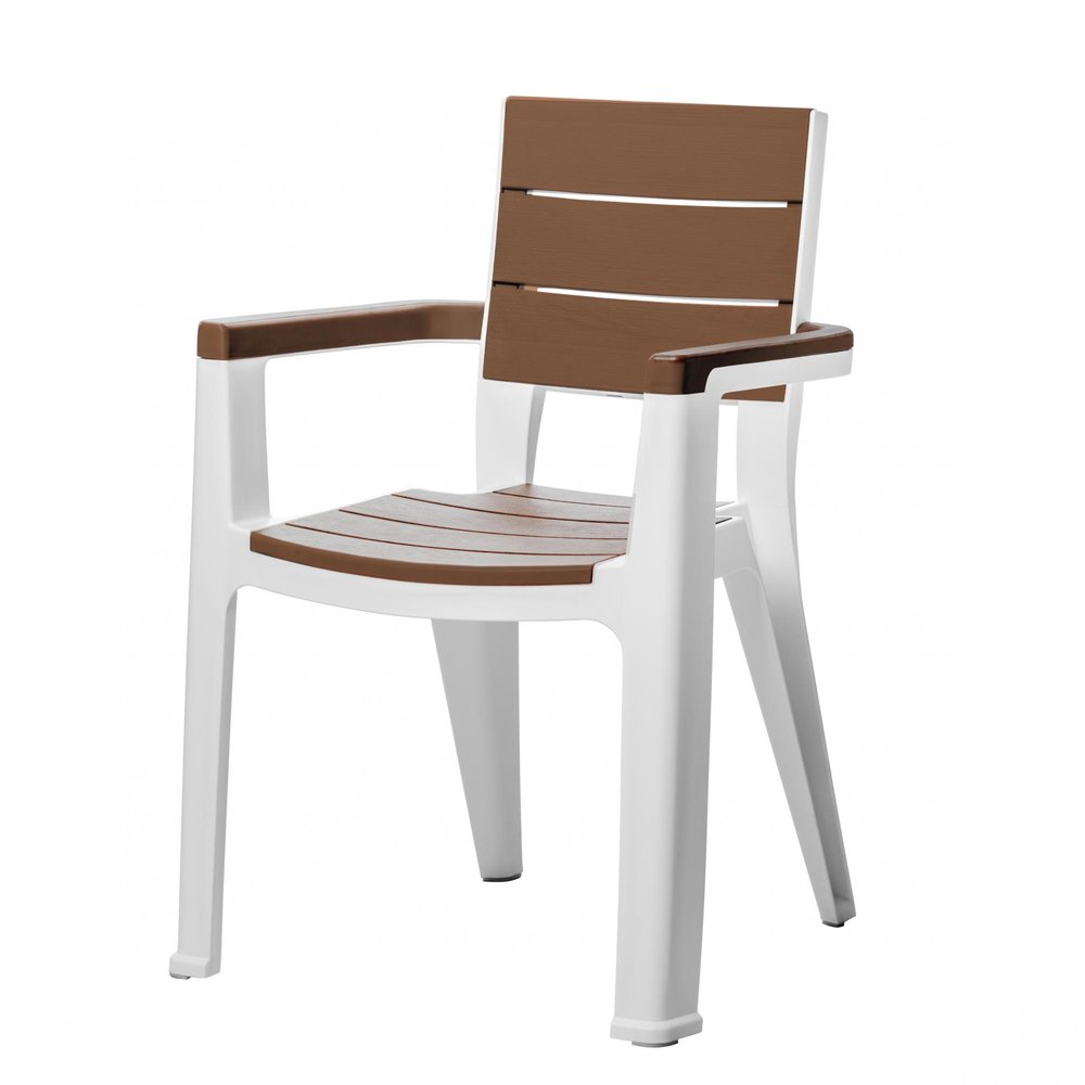 White plastic armchair with brown slatted seat and back, and brown armrests, on a white background.