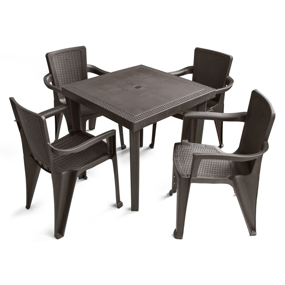 Five Piece Brown Plastic Outdoor Patio Set With Table
